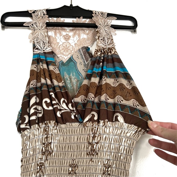 Boho Style Beige Brown Turquoise Blue Maxi Dress Lace Long Flowy Beach Vacation - Picture 3 of 16